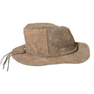 Vintage Brown Suede Leather Western Cowboy Hat With Braided Band Tassels